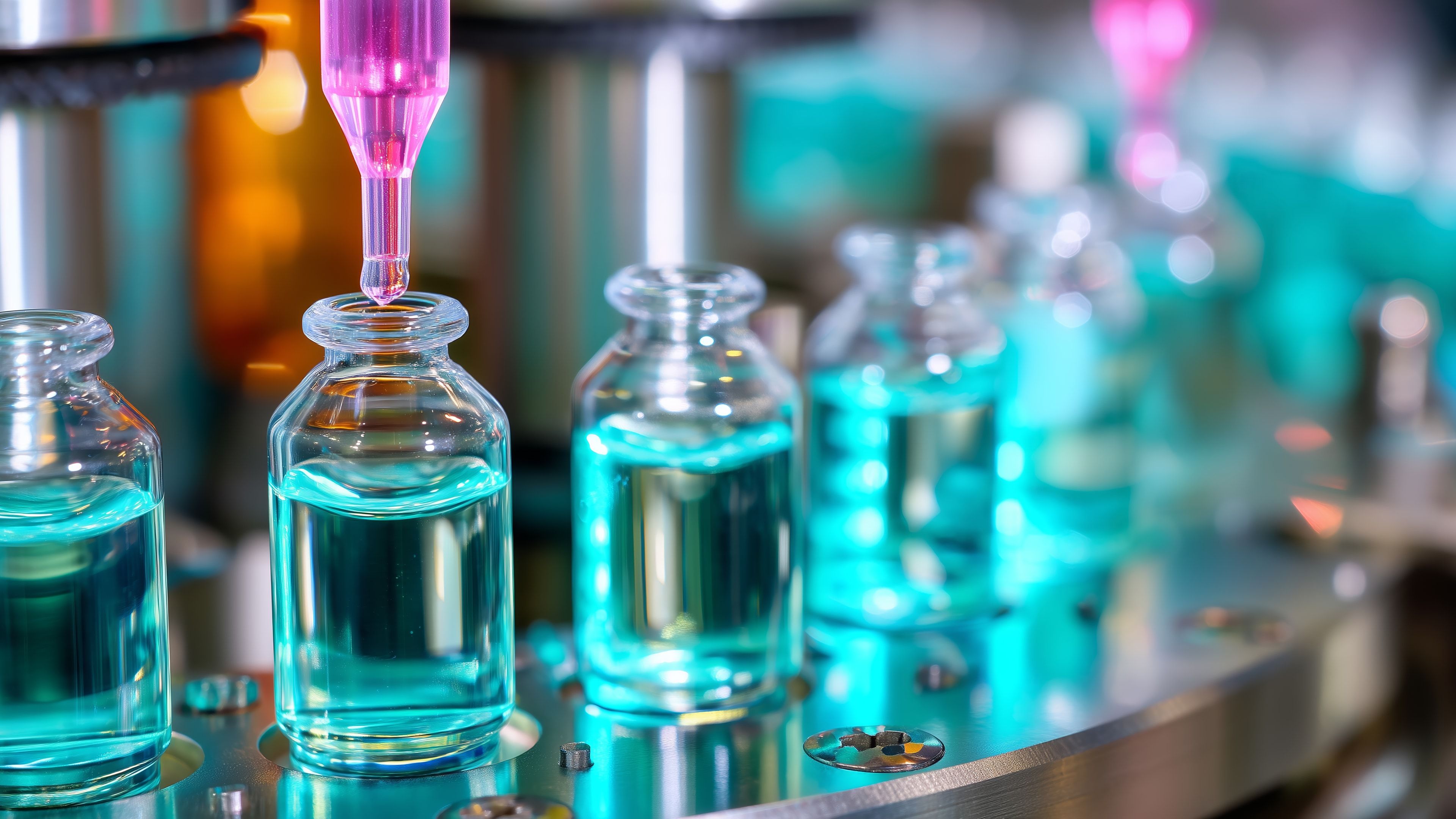 Viales farmacéuticos en línea de llenado en un laboratorio